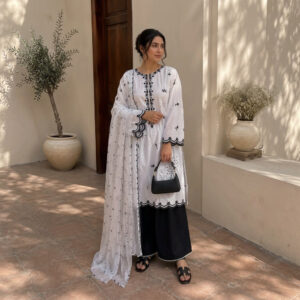 Black & White Embroidered 3-Piece Stitched Suit with Dupatta