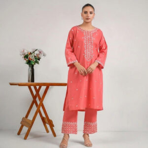 Coral Pink Embroidered 2-Piece Stitched Suit for Women