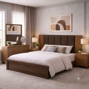 Modern King Size Kikar Wood Bed with Walnut Sheet & Upholstered Headboard