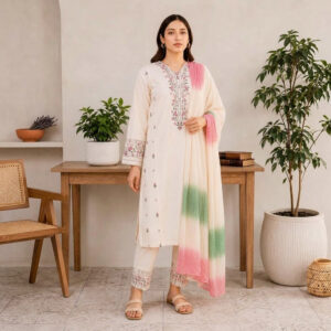Off-White Embroidered 3-Piece Stitched Suit with Tie-Dye Dupatta