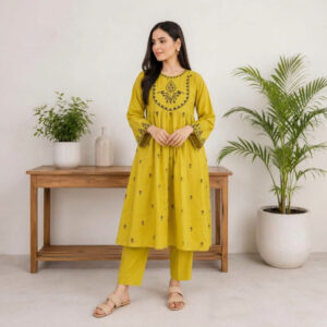 Olive Green Black Embroidered Flared 2-Piece Stitched Suit for Women