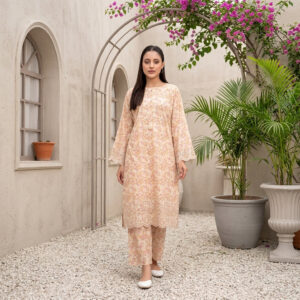 Peach Floral Printed Schiffli 2-Piece Stitched Suit for Women
